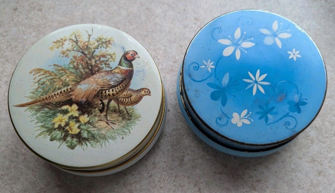 Two Vintage Riley Toffee Tins Ring Tailed Pheasant and Powder Blue Floral