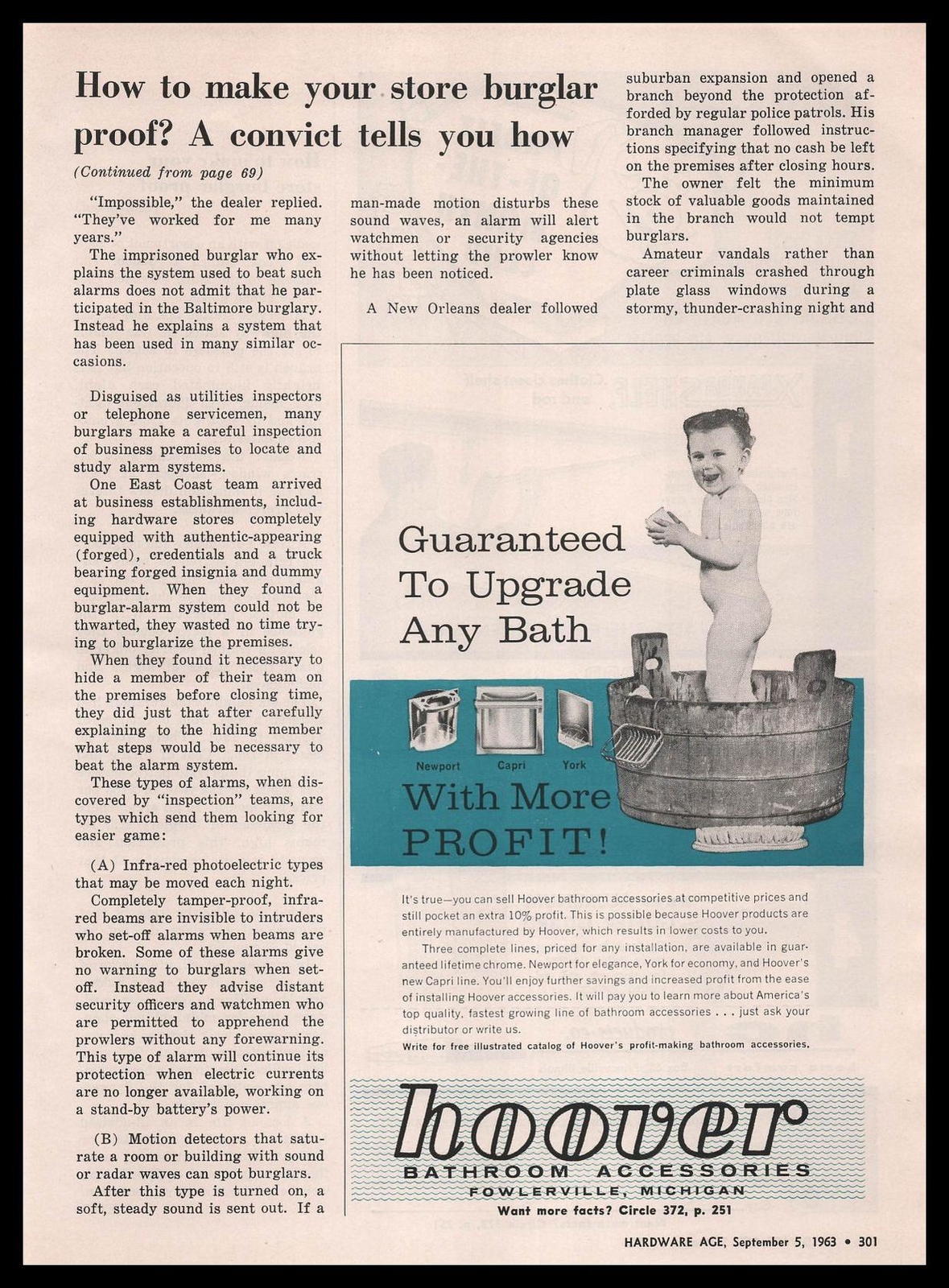 1963 Hoover Bathroom Accessories Fowlerville Michigan Baby In Tub Print Ad