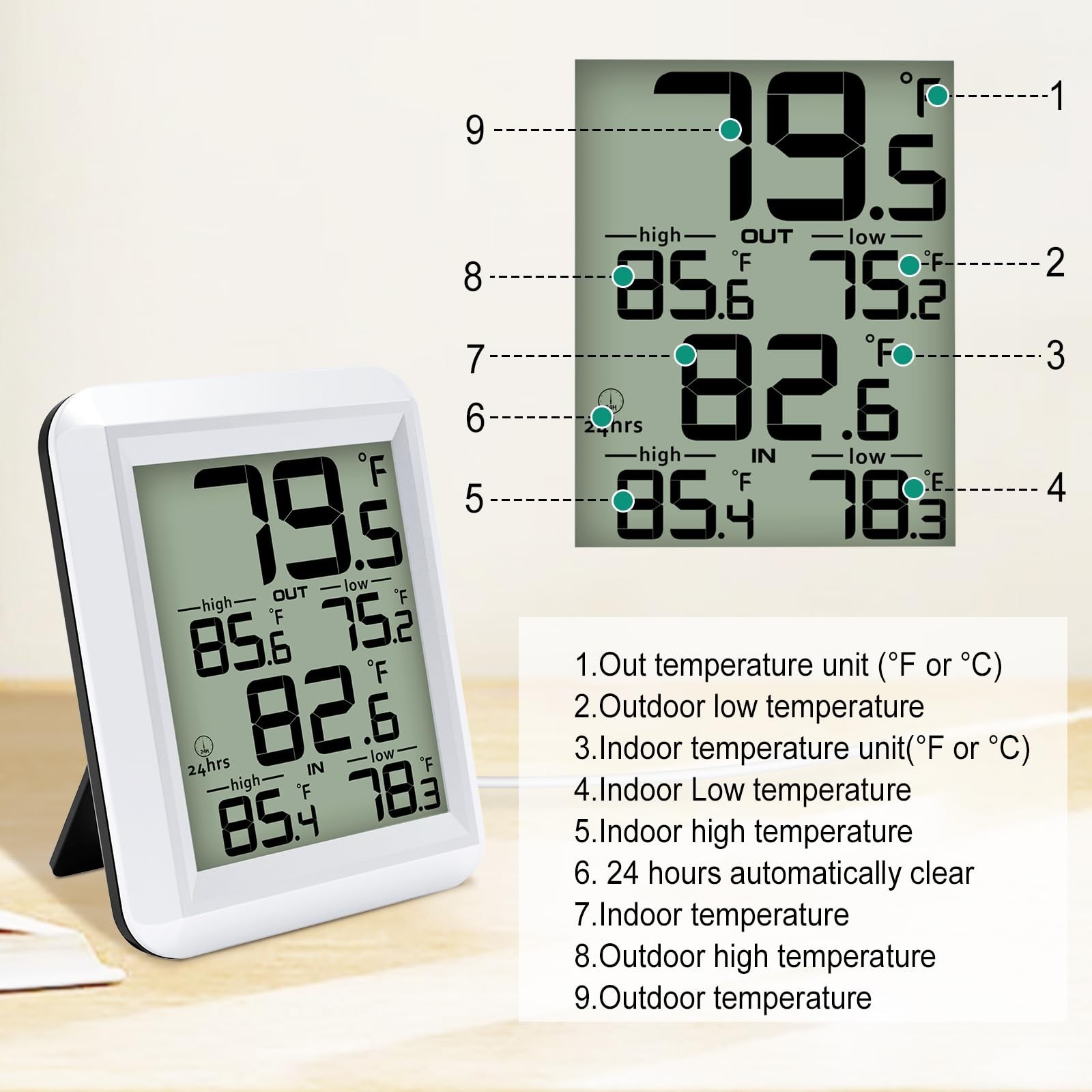 High Accuracy Digital Thermometer, Indoor/Outdoor, Waterproof, Large Display