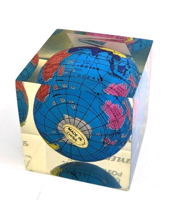 Vintage Lucite Globe Paperweight Cube ~ USPS Promotion Tyler Texas 1.75″x1.75″