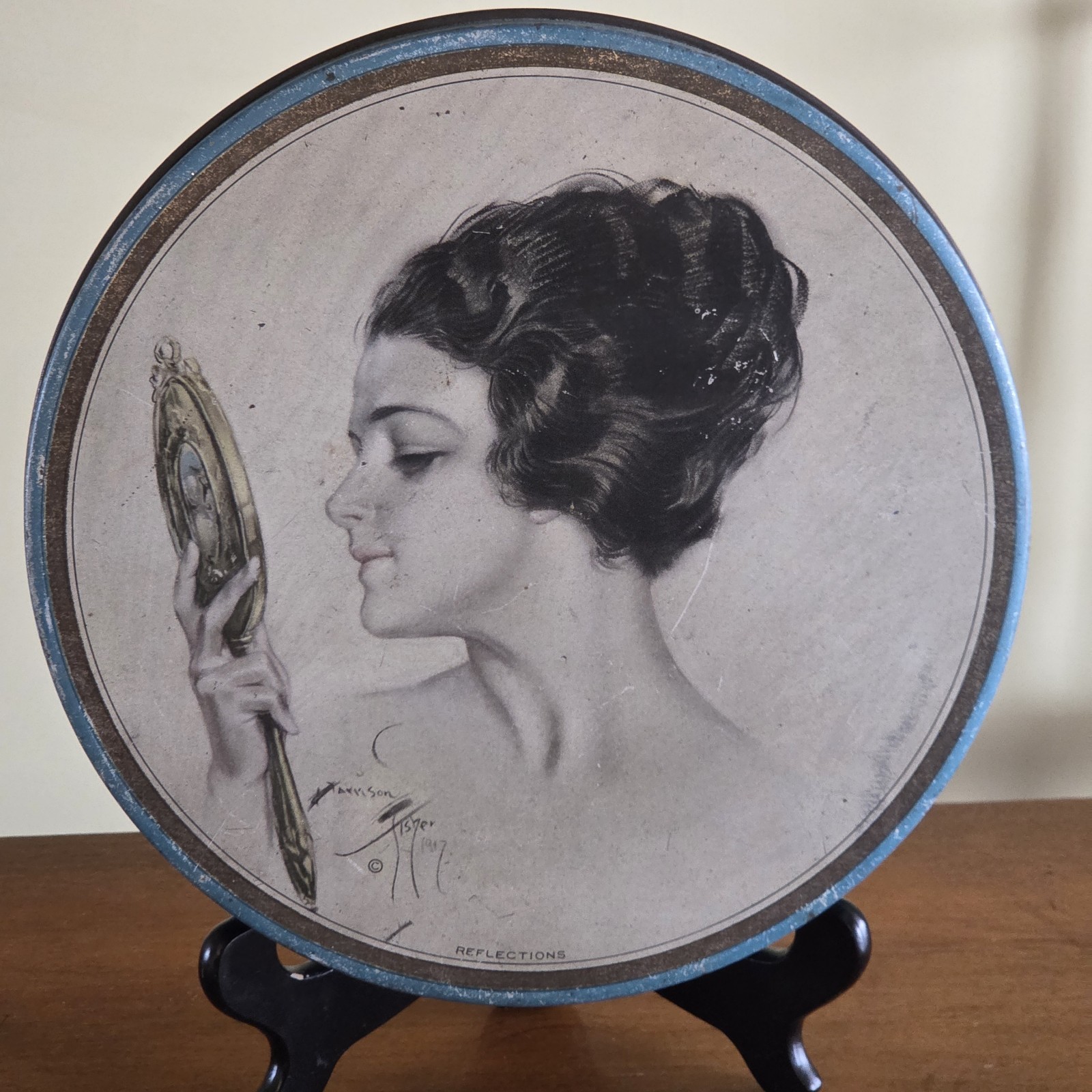 Harrison Fisher Tindeco Large Blue 10″ Metal Tin “Reflections” Woman w Mirror