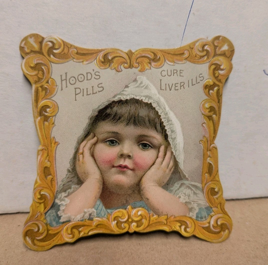Victorian Trade Card Hood’s Vegetable Pills C I Hood & Co Lowell MA Girl Bonnet