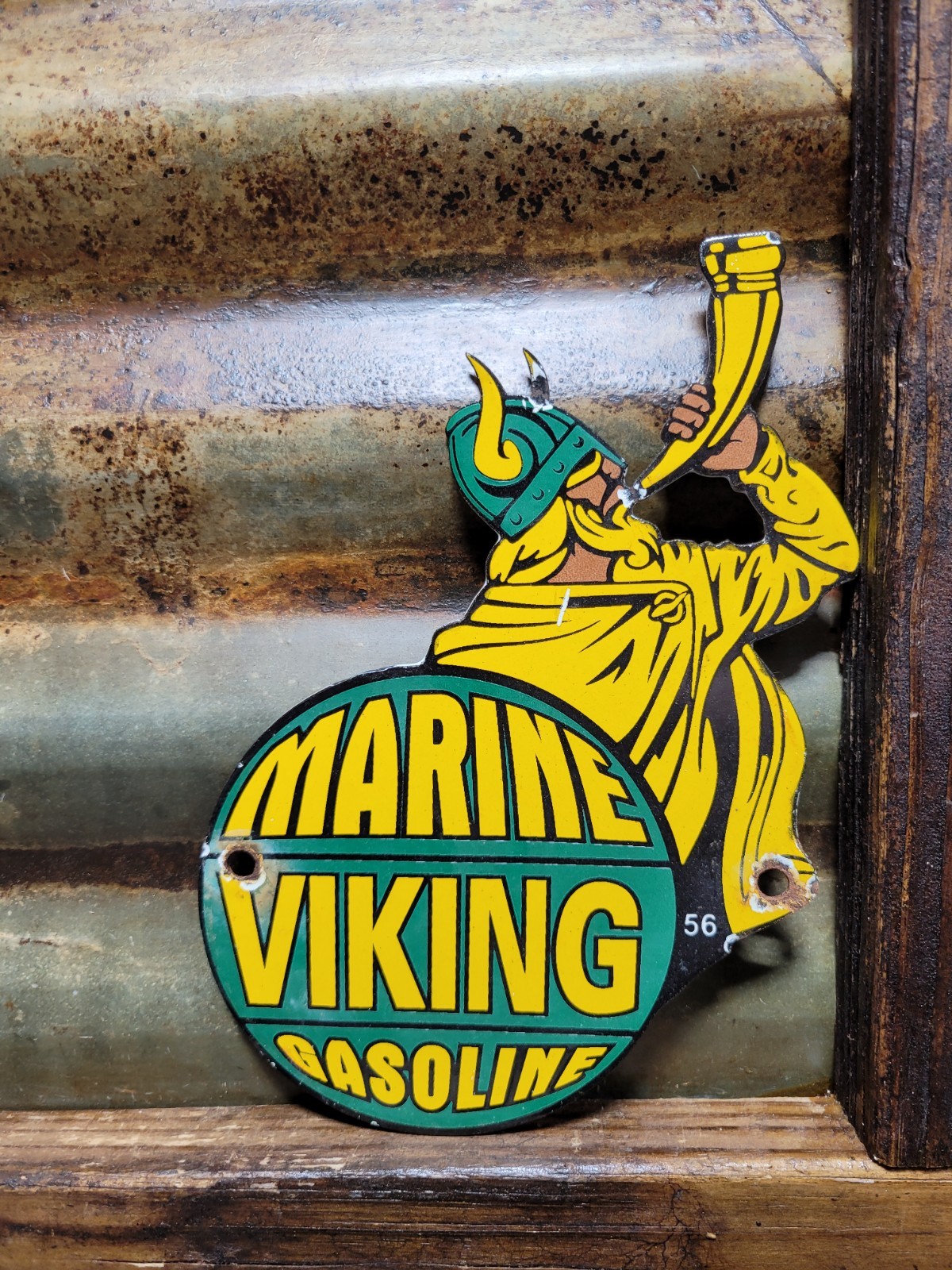 VINTAGE VIKING PORCELAIN SIGN OLD 56′ MARINE GASOLINE GAS STATION SERVICE DIECUT