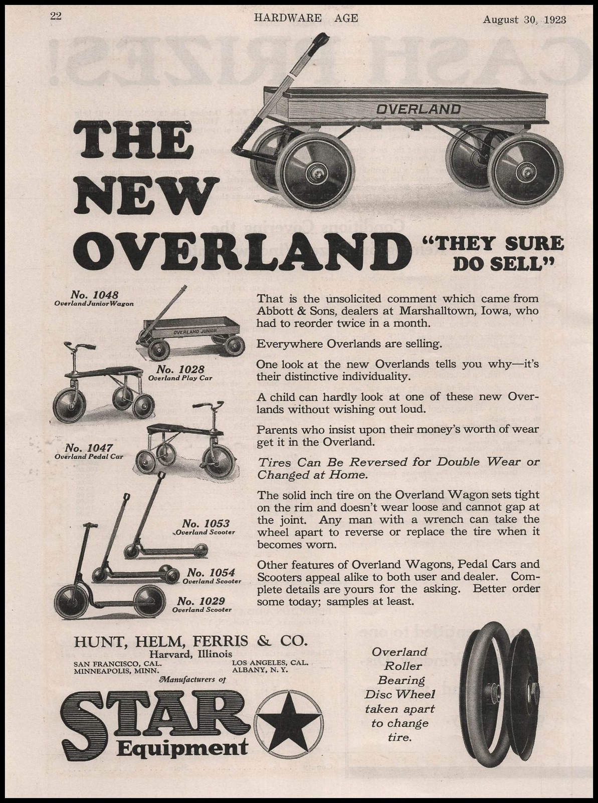 1923 Hunt Helm Ferris Co. Havard Illinois Overland Wagon Pedal Car Toys Print Ad