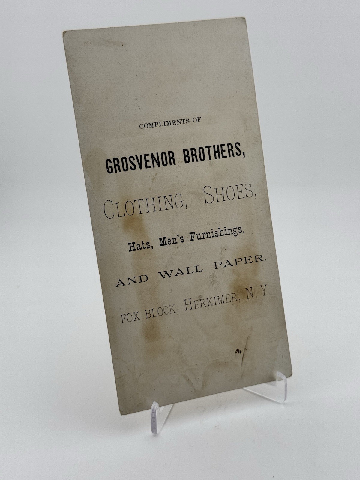 Victorian Trade Card Circa 1890 Grosvenor Brothers Clothing Shoes Wall Paper