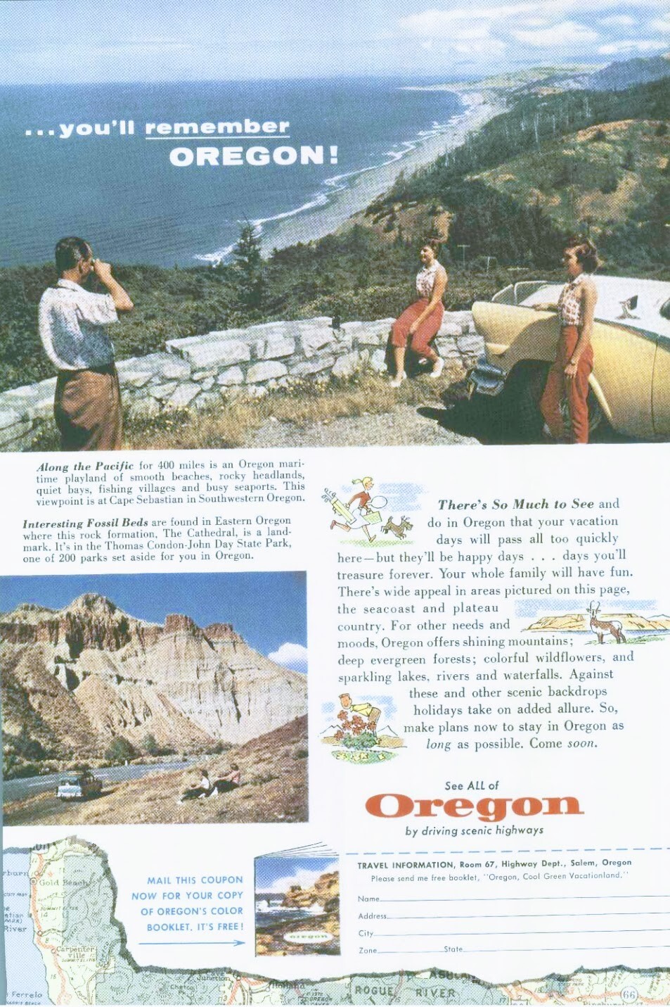 1957 Oregon Vacation Vintage Color Print Ad Travel Ephemera