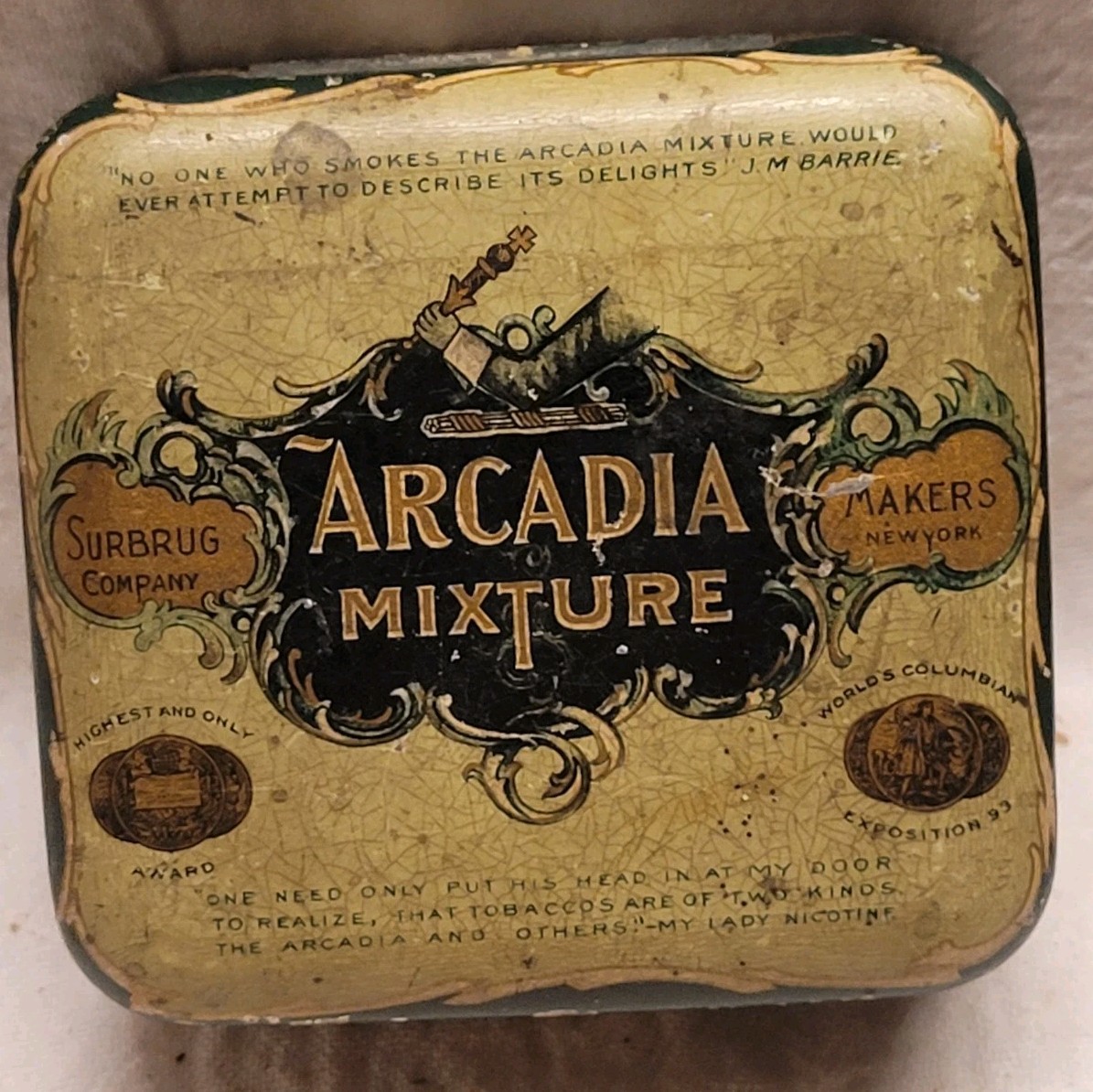 VINTAGE ARCADIA TOBACCO TIN LADY NICOTINE WORLD’S COLUMBIAN EXPOSITION 1899 NICE