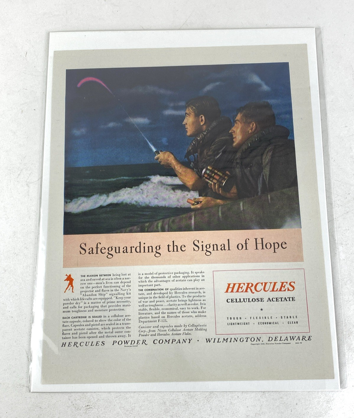 Vintage 1943 Hercules Cellulose Acetate WW2 Print Ad Signal of Hope NAVY War Sea