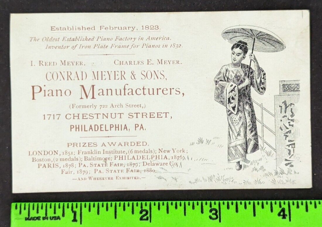 Antique 1880’s Conrad Meyer Piano Maker Philly PA Geisha Graphic Business Card
