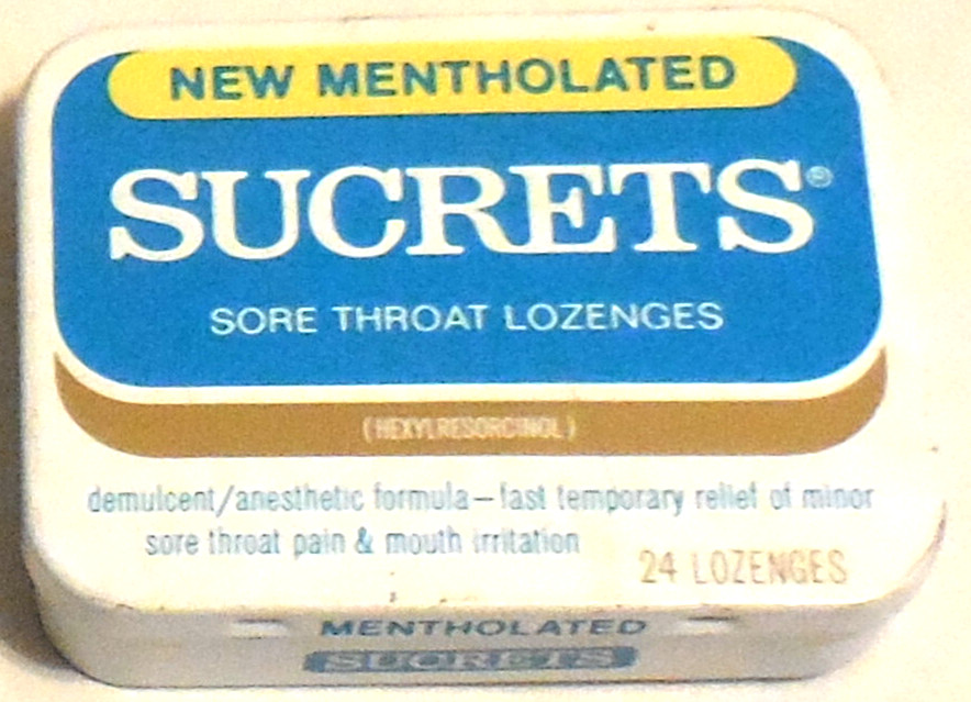 1 ad Mentholated Sucrets Sore Throat Lozenges tin can Box Empty Medicine VTG