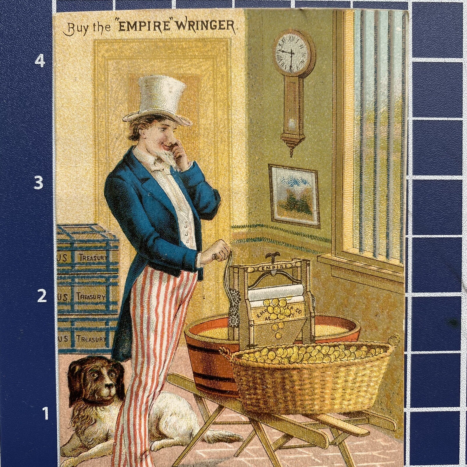 Uncle Sam Washing Treasury Surplus Money Empire Wringer Lynn MA L. A. May Card