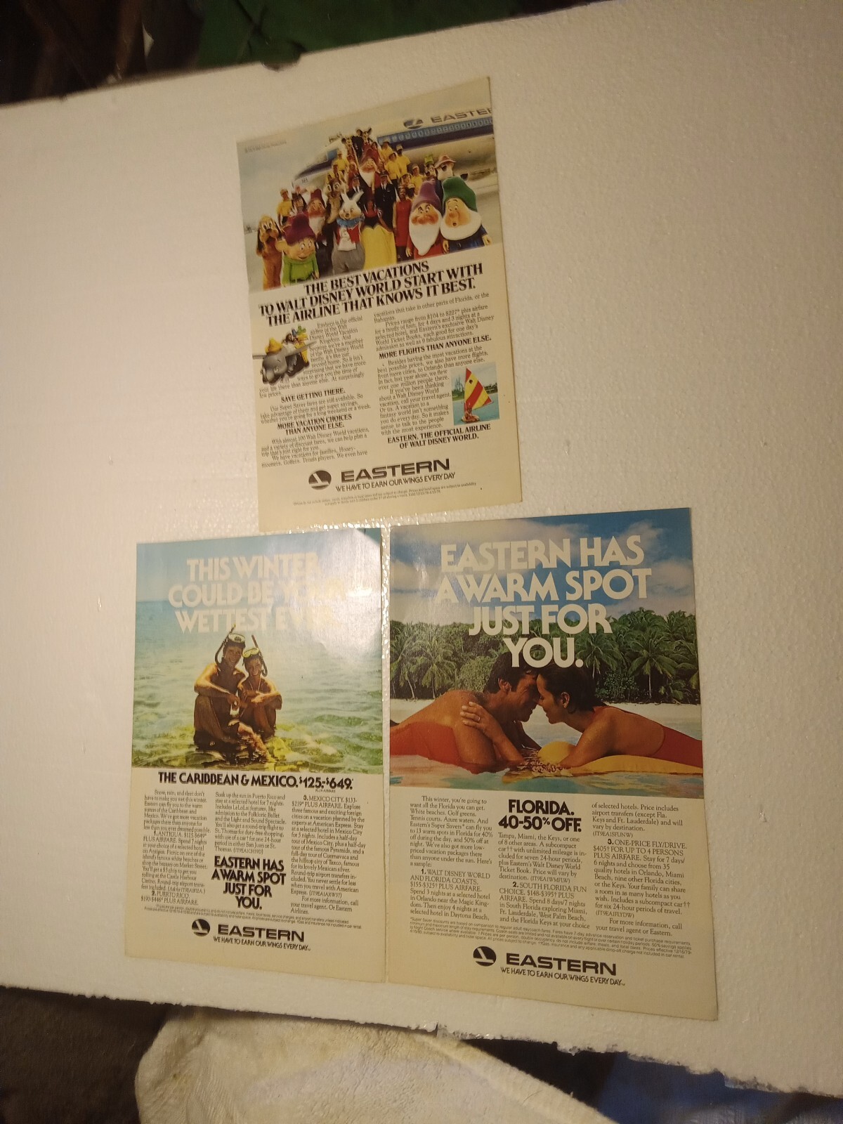 3 Eastern Airline Print Advertisement 1970s FLIPSIDE PPG Glass, Audiovox 6.5×10″