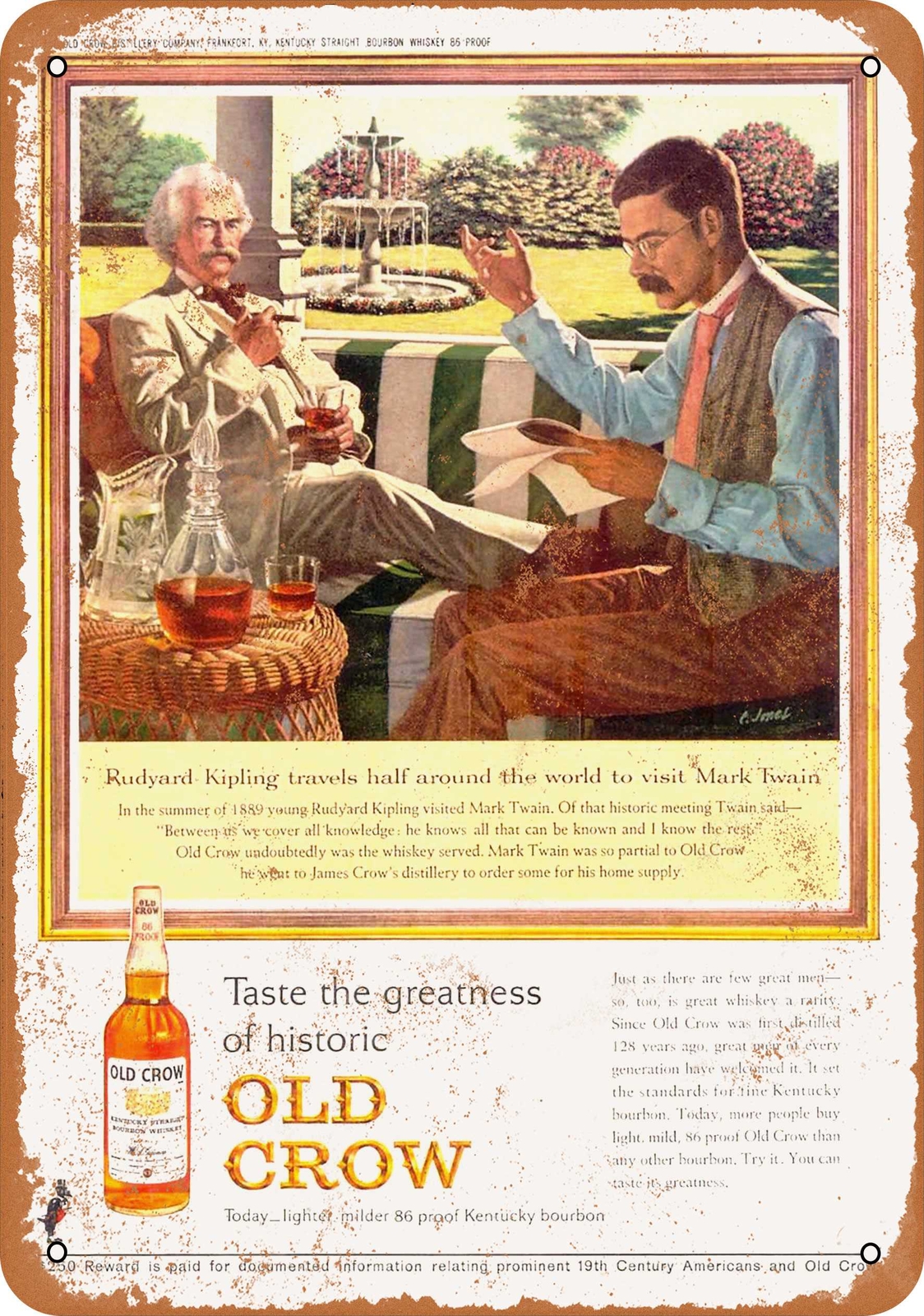 Metal Sign – 1963 Old Crow Whiskey Mark Twain Rudyard Kipling – Vintage