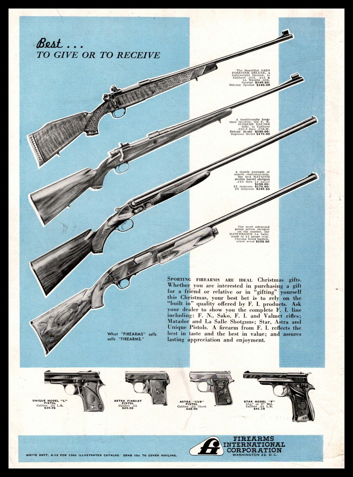 1959 Firearms International Washington D.C. Sako Aya Rifles Christmas Print Ad