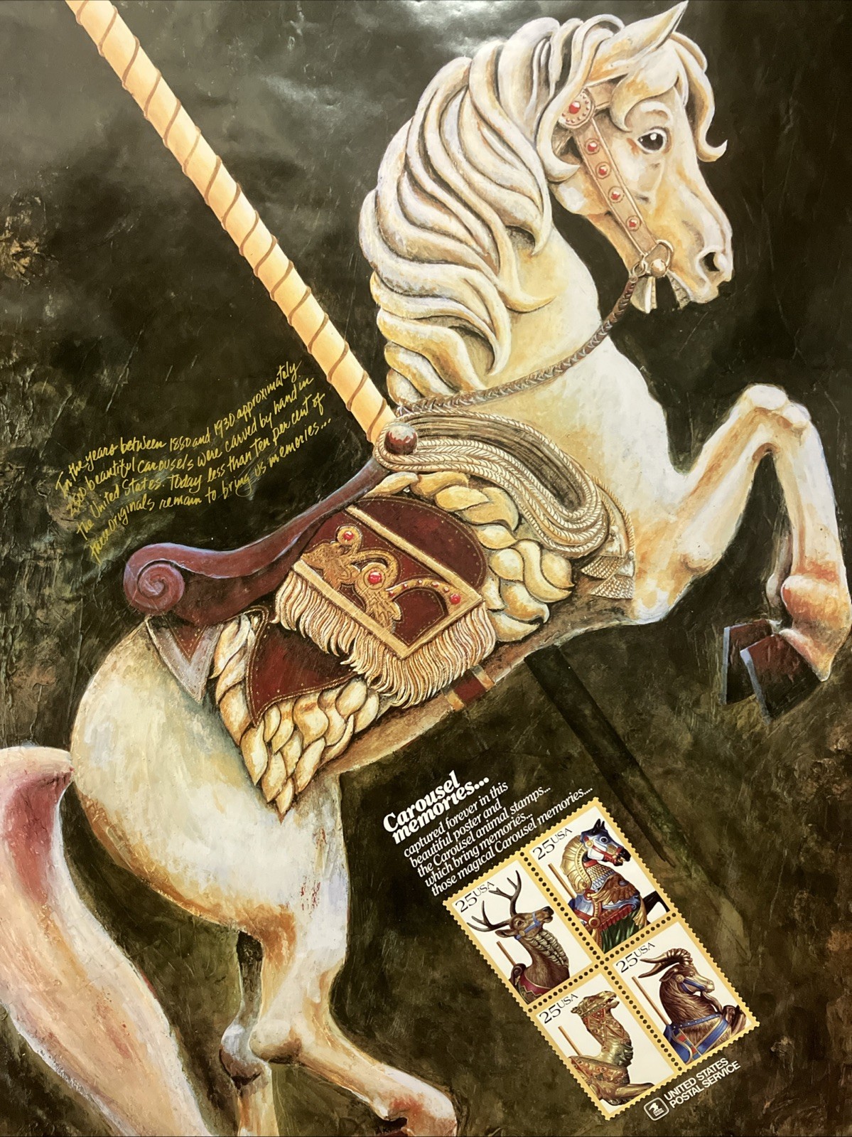 USPS Folk Art 1988 “Carousel Memories” Horse Animal Stamps Poster 24”x36”