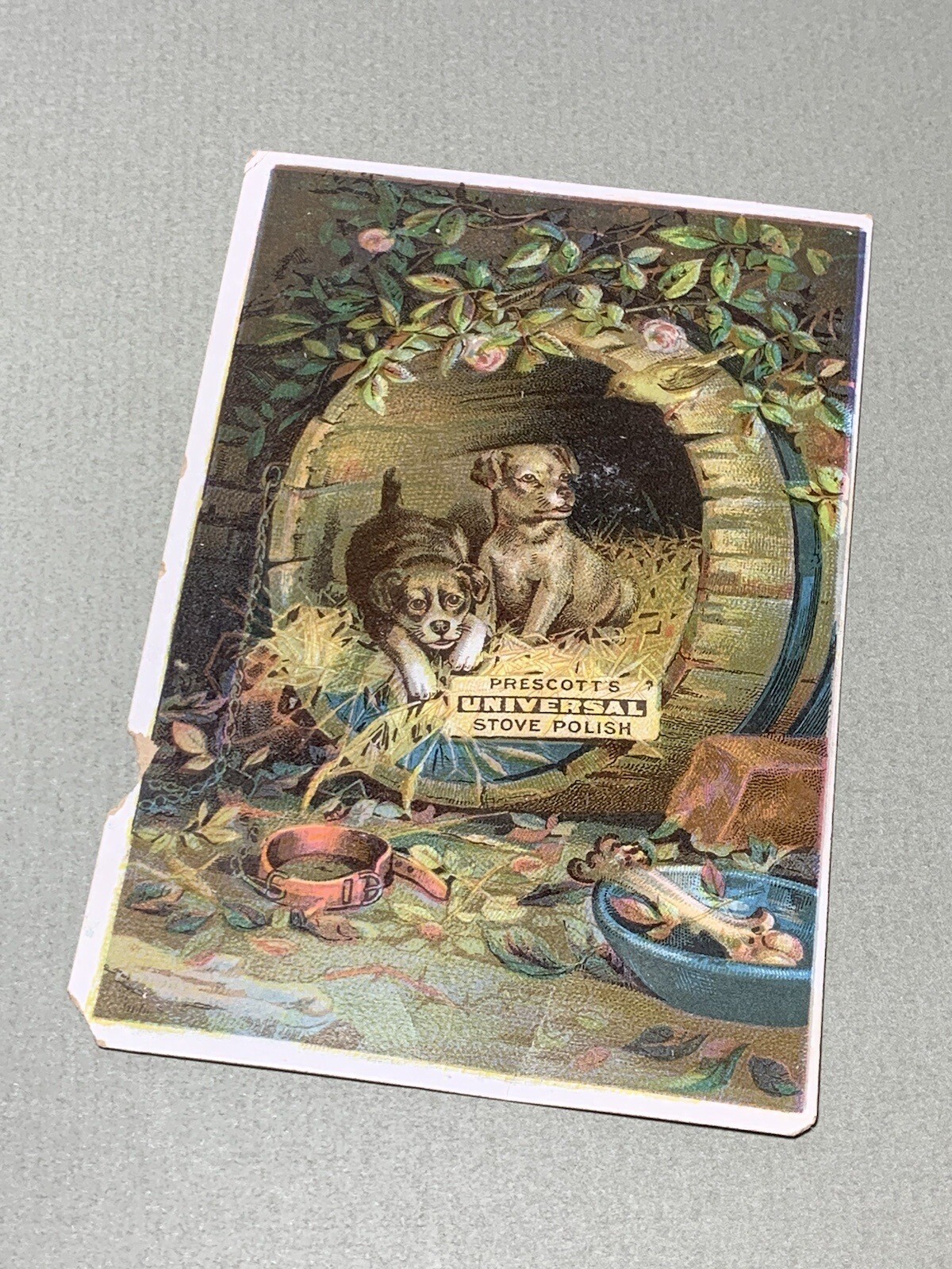 Victorian Advertising Trade Card Prescott’s Universal Stove Polish Dogs Puppies