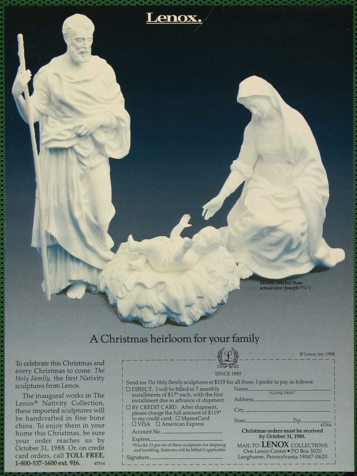 Lenox Holy Family Nativity Bone China Christmas Scuptures Vintage Print Ad 1988