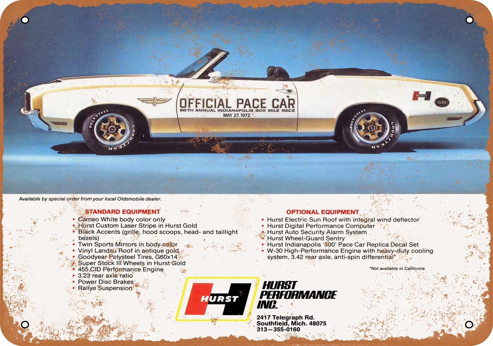 Metal Sign – 1972 Hurst Olds Pace Car – Vintage Look Reproduction