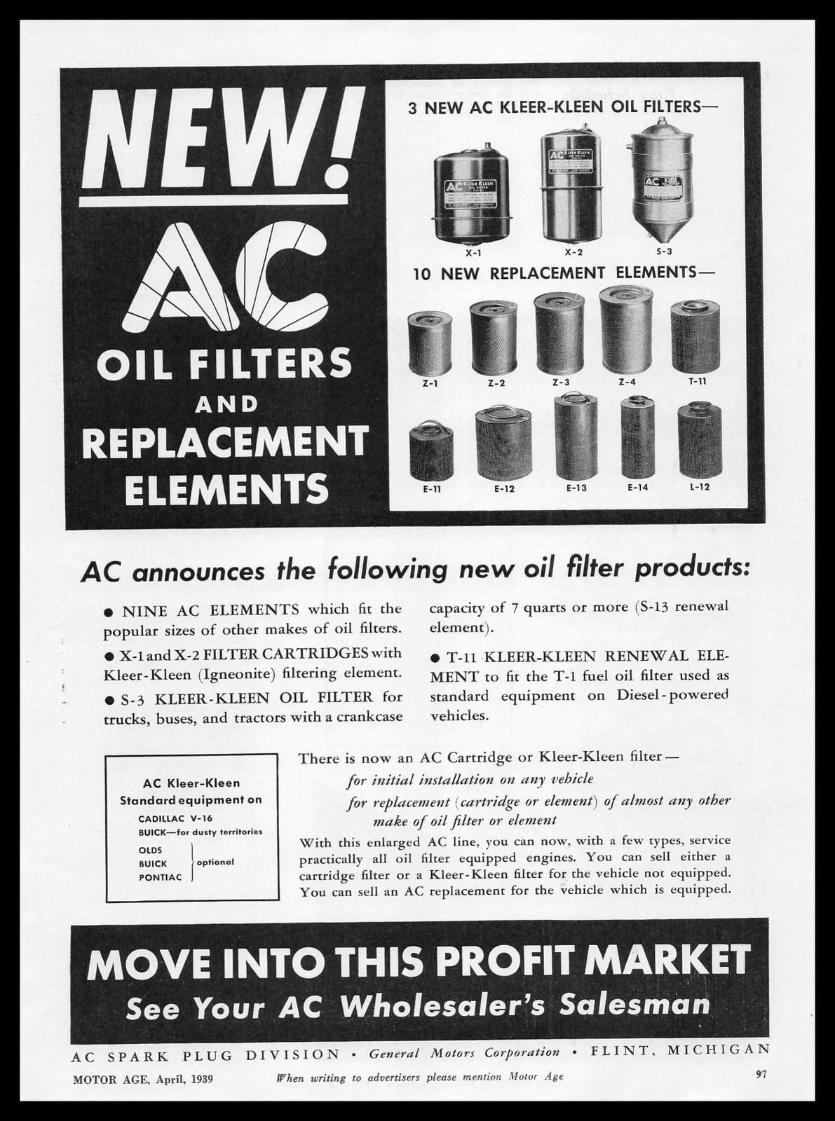 1939 AC Spark Plugs Flint Michigan Oil Filters Replacement Elements Print Ad