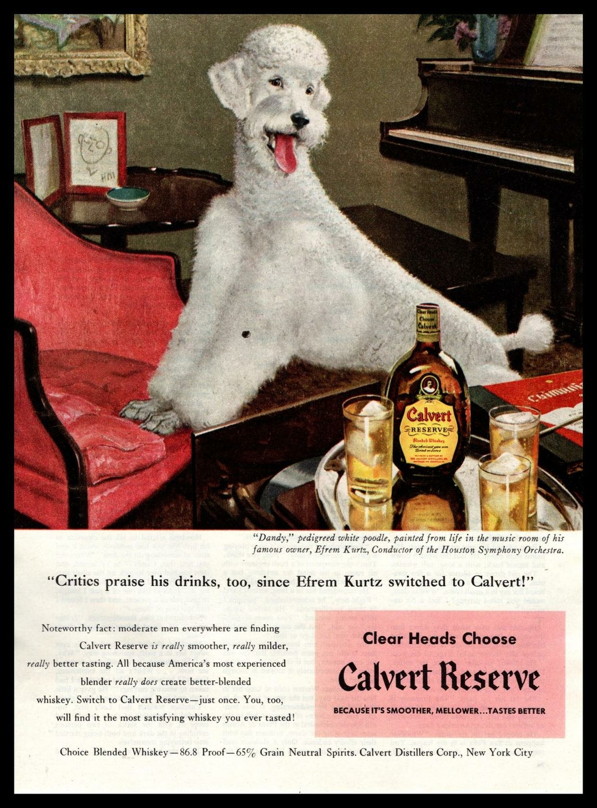 1948 Calvert Reserve Blended Whiskey Pedigreed White Poodle Dog Vintage Print Ad