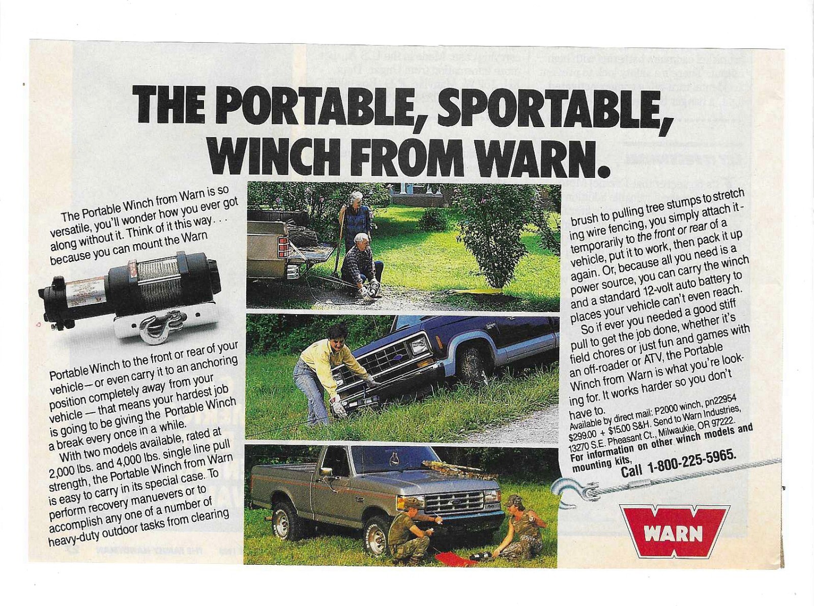 1988 “Portable, Sportable Winch From Warn” Truck Accessories Vintage Print Ad