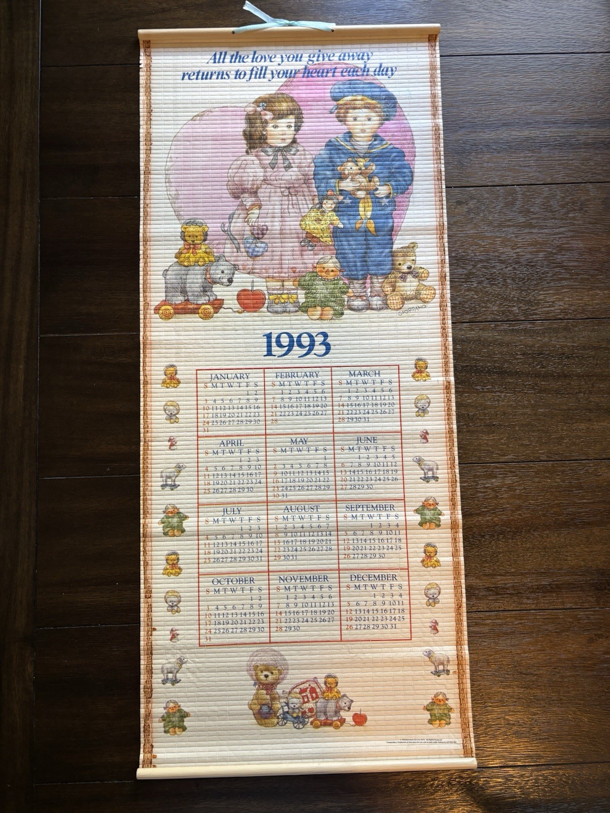 Vtg Wood Double Sided Rolling Calendar. 1993-1994. Giordano. NYC Giftco Inc.