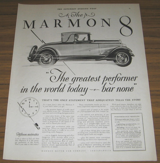 1927 VINTAGE AD~MARMON 8~MOTOR CAR COMPANY~INDIANAPOLIS,IN