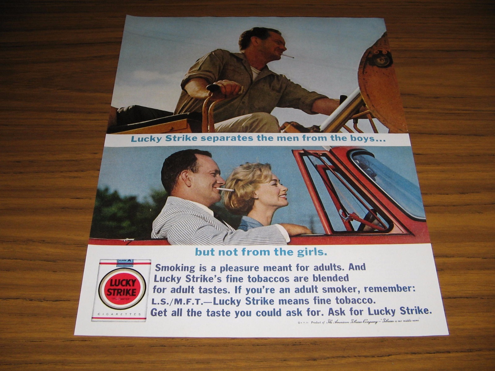 1963 Print Ad Lucky Strike Cigarettes Happy Man Smokes in Convertible with Lady