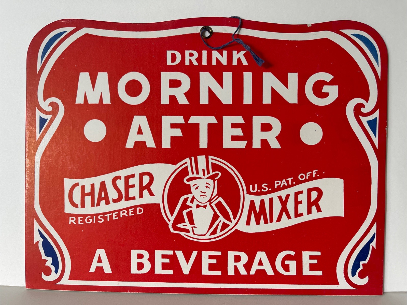 1930s DRINK MORNING AFTER CHASER MIXER Beverage cardboard sign Hungover Top Hat