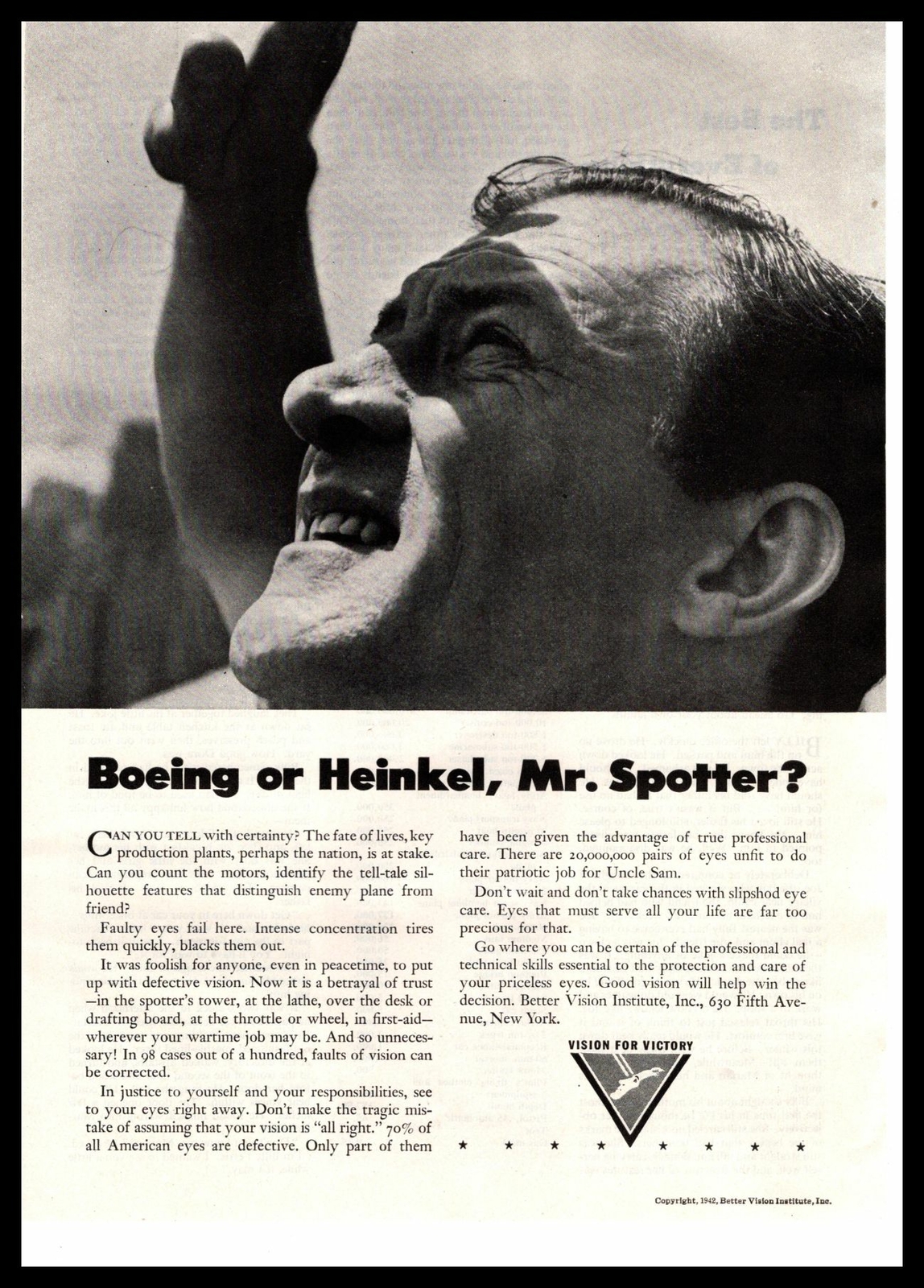 1942 “Vision For Victory” WWII Era Patriotic Better Vision Institute Print Ad