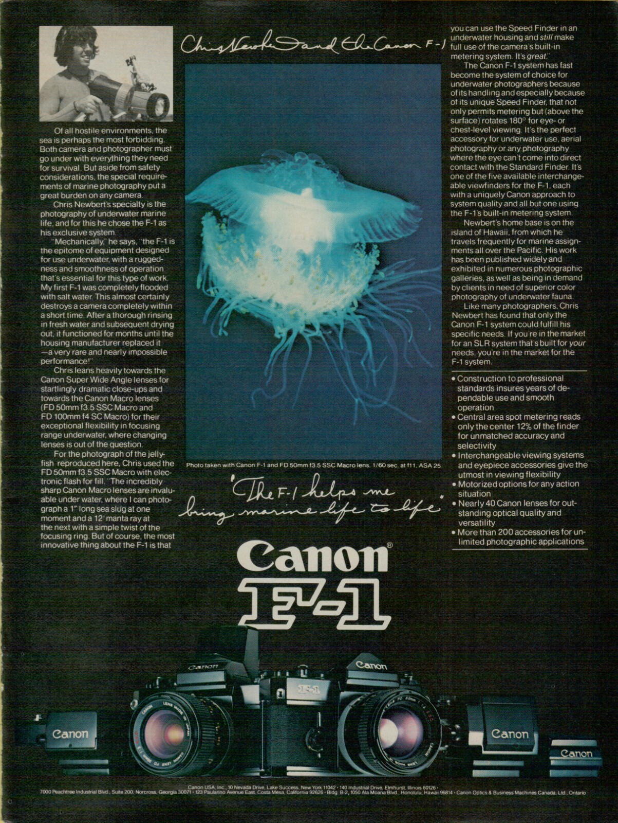 1979 Canon F-1 Marine Photography Camera Underwater Jellyfish Vintage Print Ad