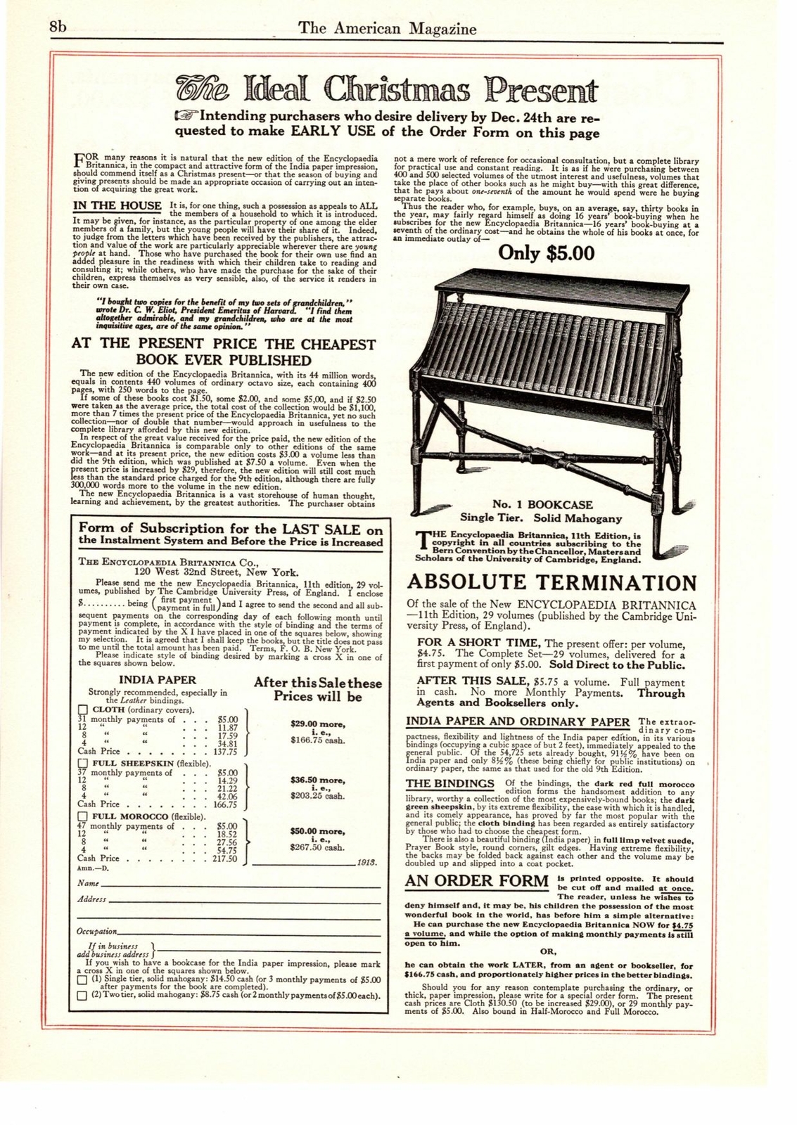 1914 Encyclopedia Britannica Set Single Tier Solid Mahogany Bookcase Print Ad