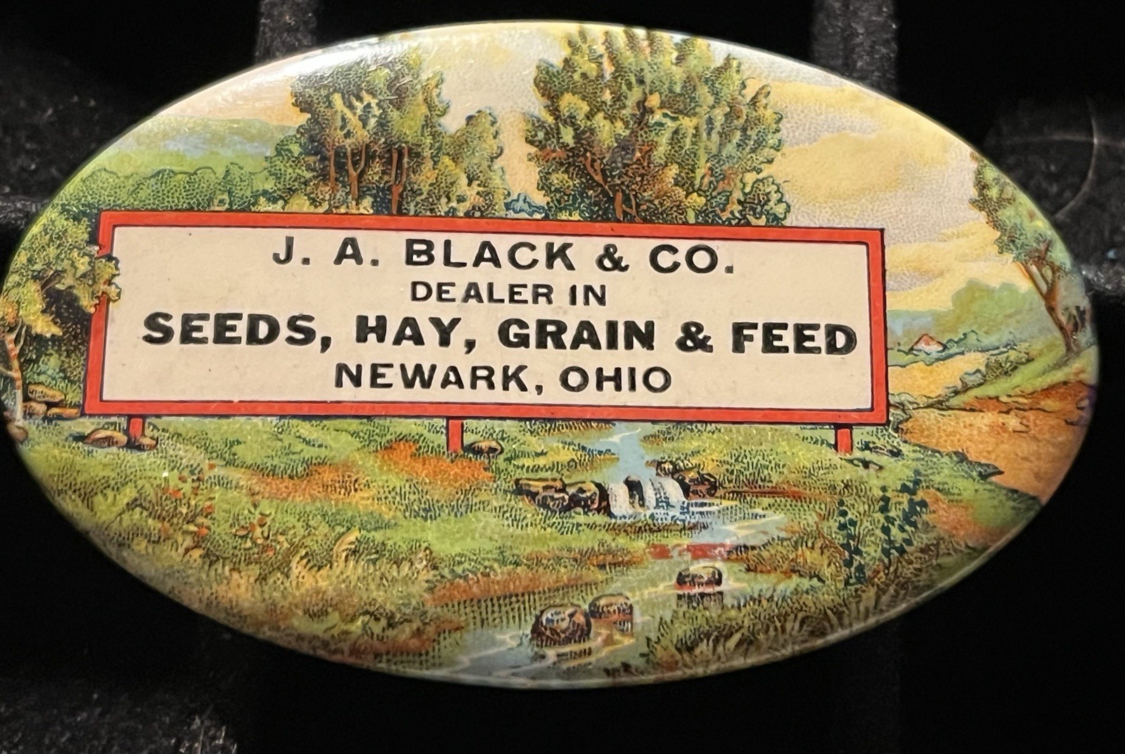 Antique J A Black & Co Seeds Hay Grain Feed Newark, Ohio Celluloid POCKET MIRROR