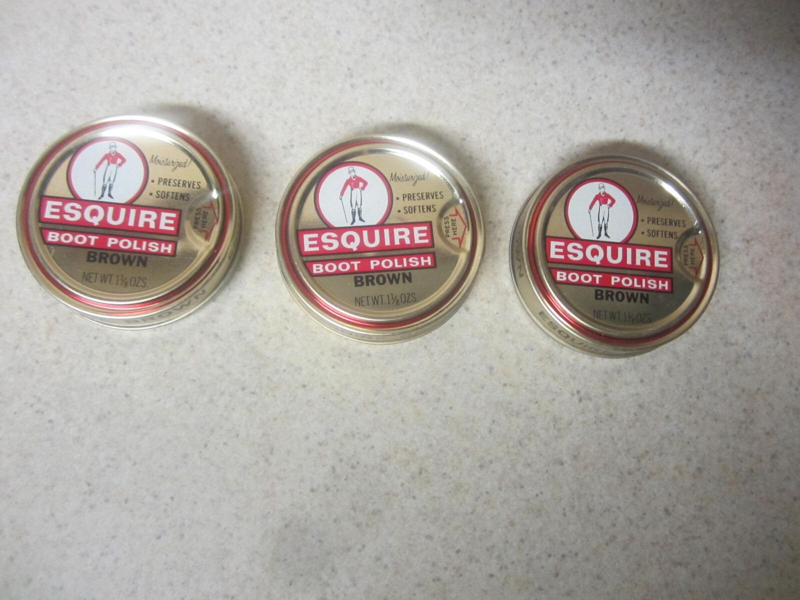 NOS VINTAGE LOT 3 ESQUIRE BROWN BOOT SHOE POLISH 1 1/8 OZ. TIN ADVERTISING