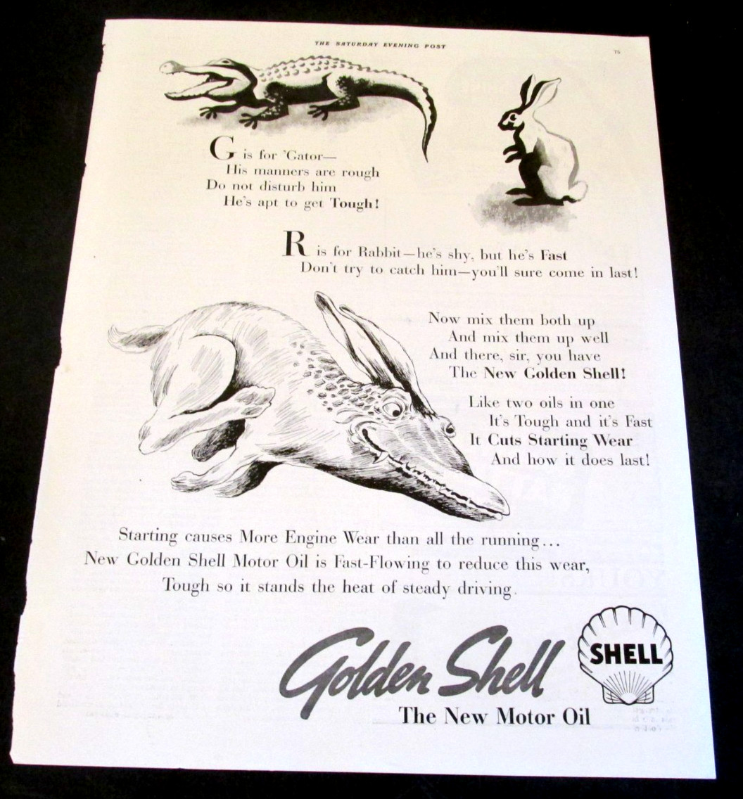 1937 Shell Oil Company New Golden Gator Rabbit VTG Print Ad Backside Goodyear