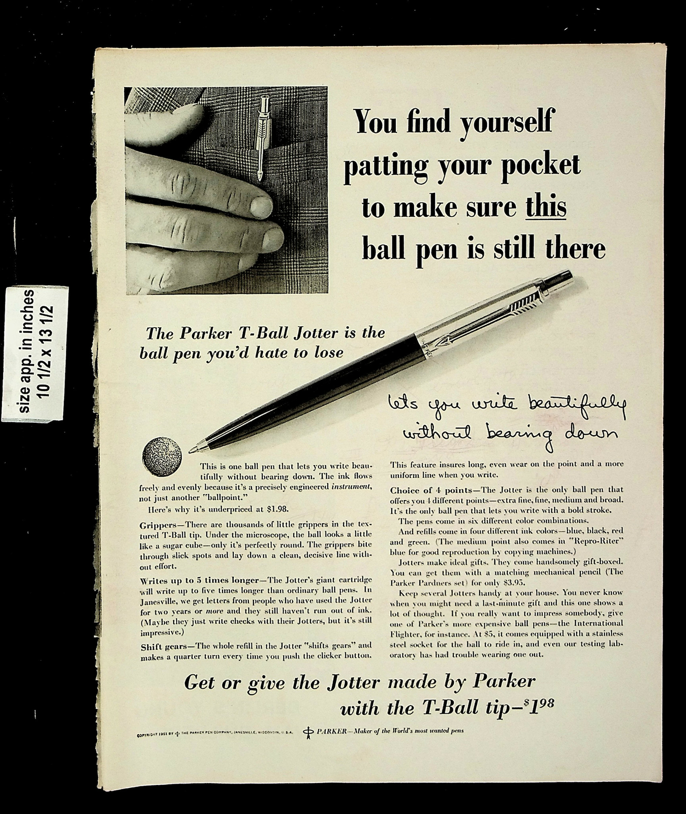 1961 Parker T-Ball Jotter Ball Point Pen Tip Vintage Print Ad 23882