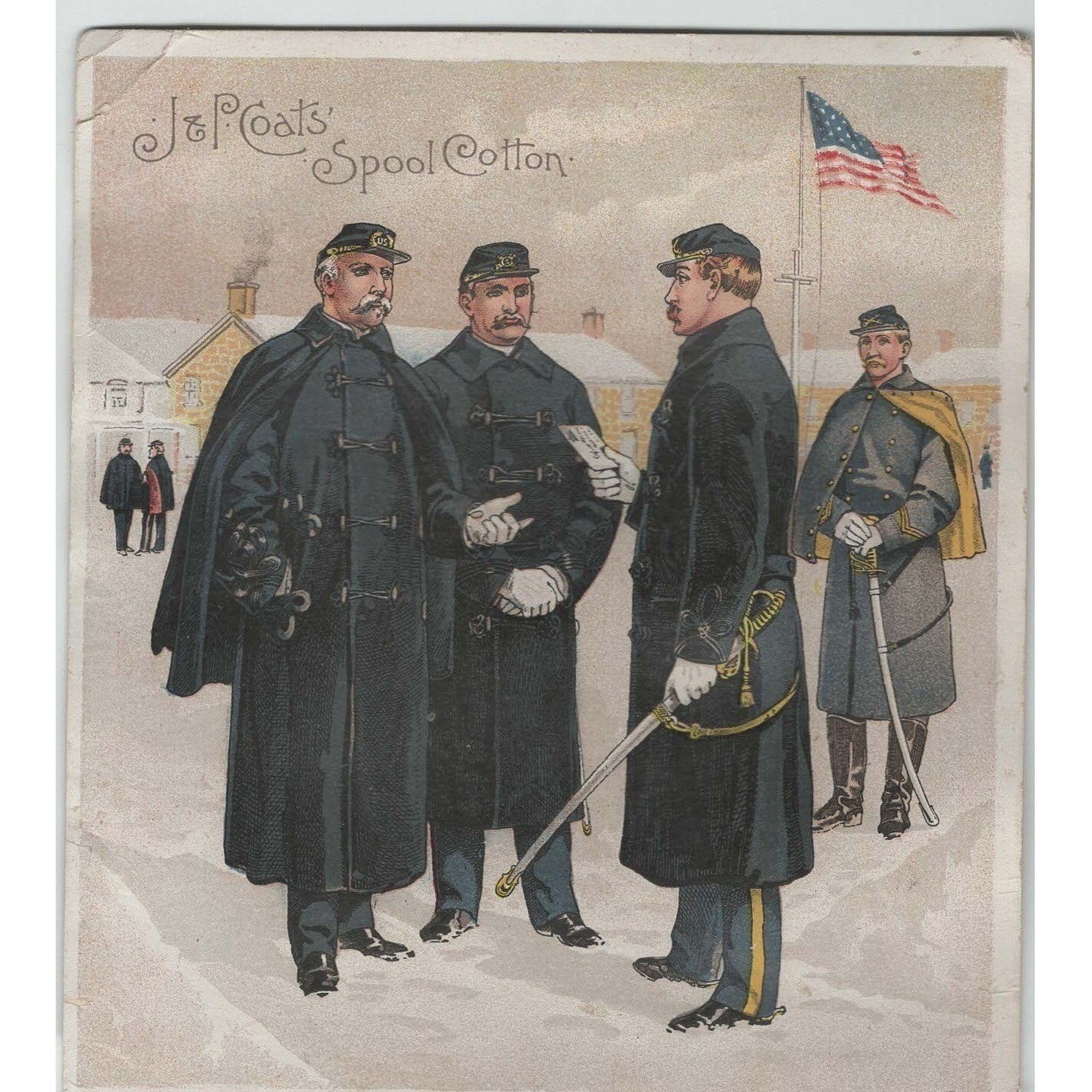 Antique Victorian Trade Card J&P Coats Spool Cotton Civil War Soldiers