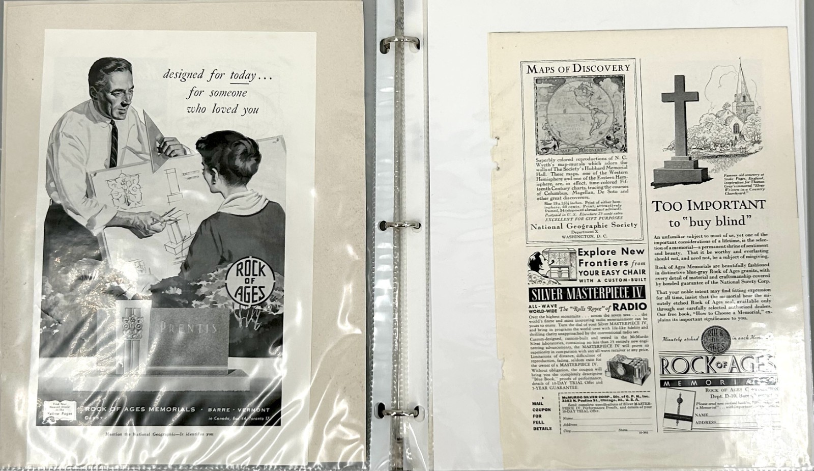 1950’s Lot of 34 Print Advertisements in Binder – Mausoleums, Religious…