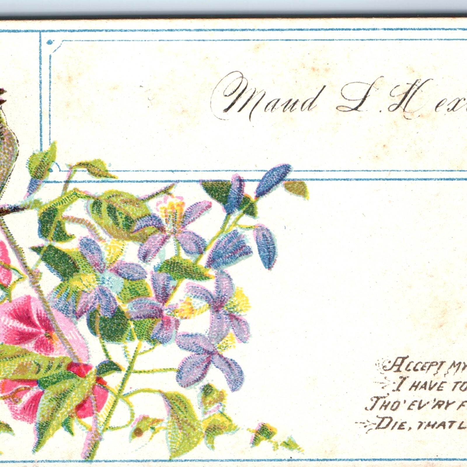 Vtg 1880s Maud L Dexter Name Calling Card Bird Flowers Love Poem Ephemera Litho