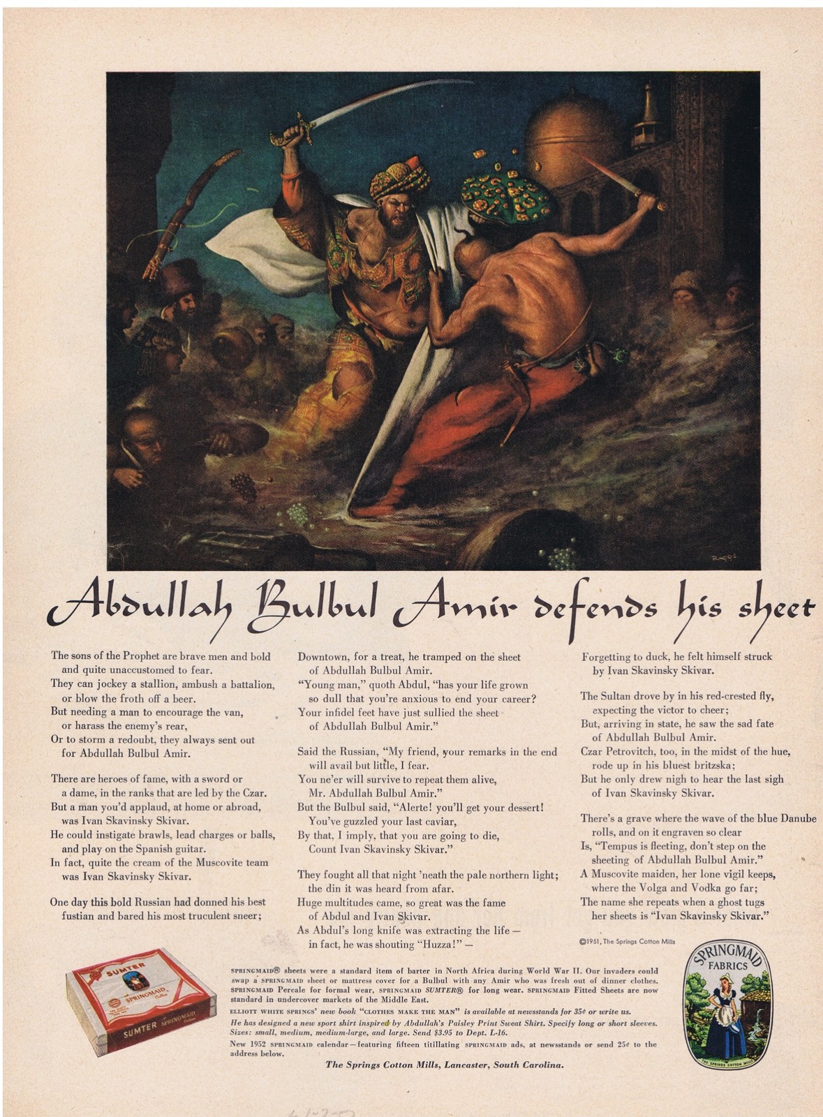 1952 Springmaid Fabrics Abdullah Bulbul Amir Defends His Sheet Print Ad