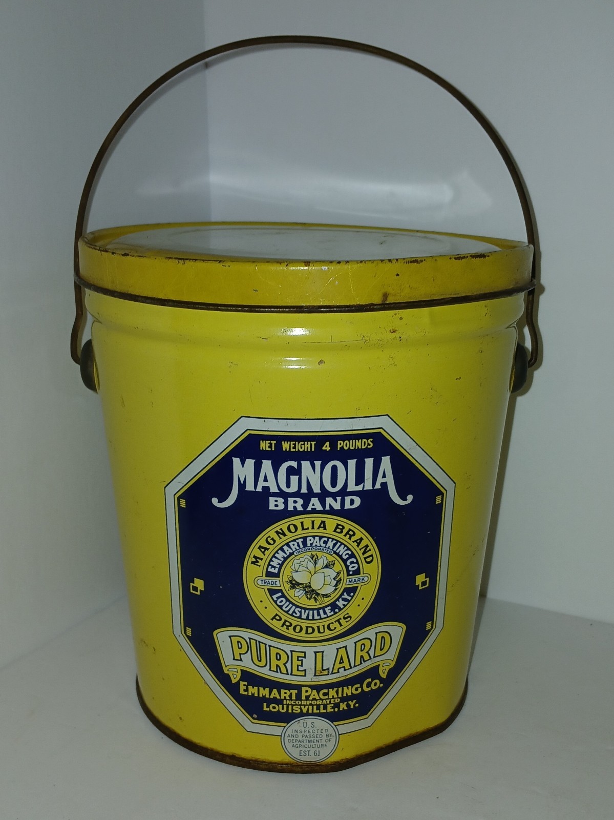 Magnolia Brand Pure Lard Advertising Tin Yellow 4 Pounds Emhart Packing Co KY
