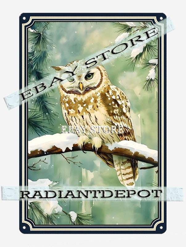 snow owl tin metal sign winter forest wildlife art wall home kitchen