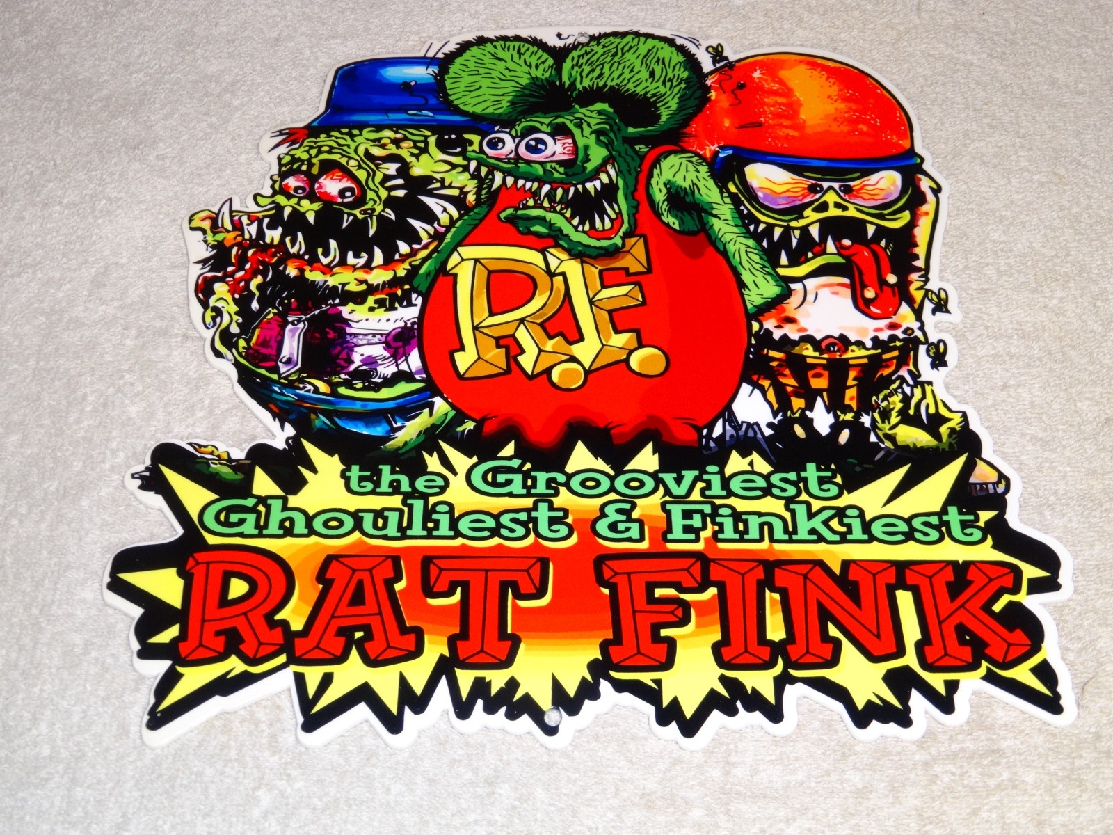 VINTAGE RATFINK W/ 2 MONSTERS ED ROTH PORCELAIN METAL RAT FINK GASOLINE OIL SIGN