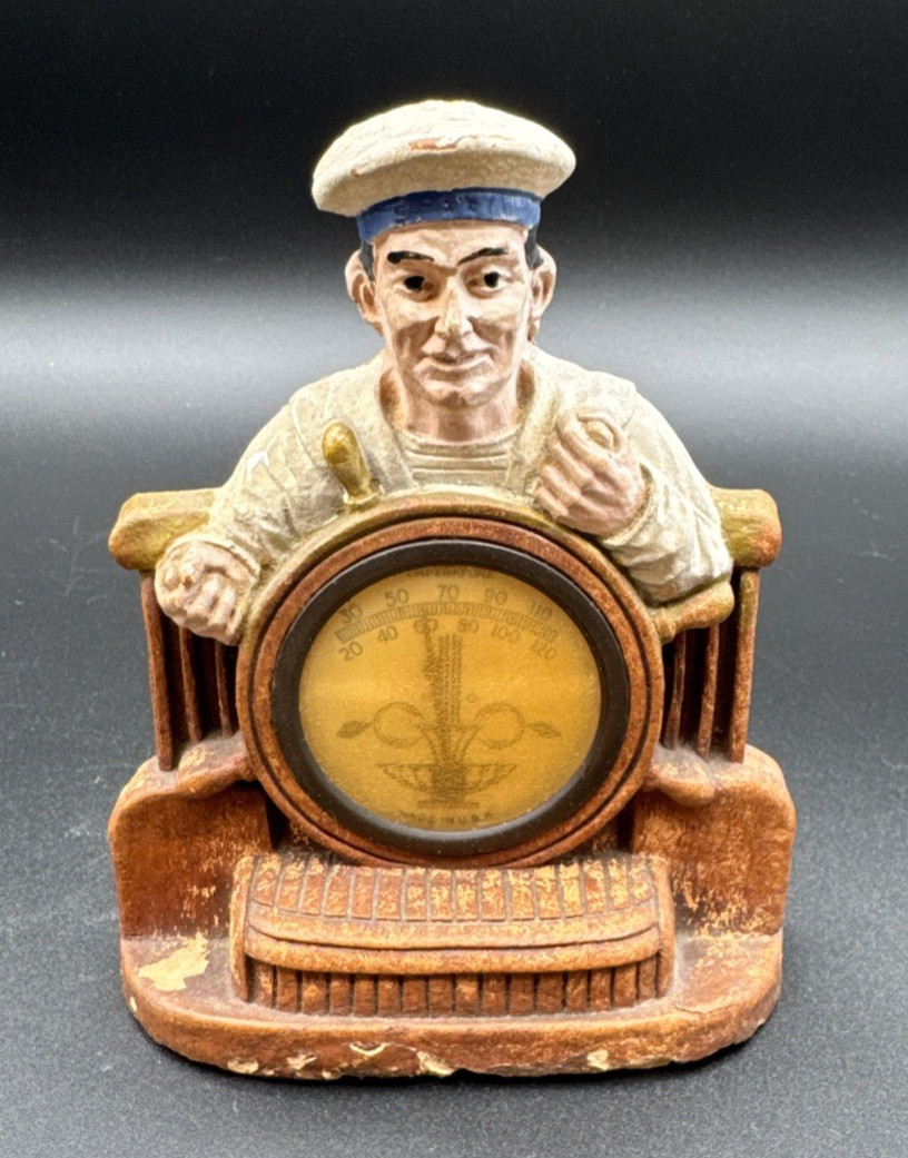 1940s Syroco Ornawood Sailor Ship Wheel Thermometer Wall Decor Nautical USA