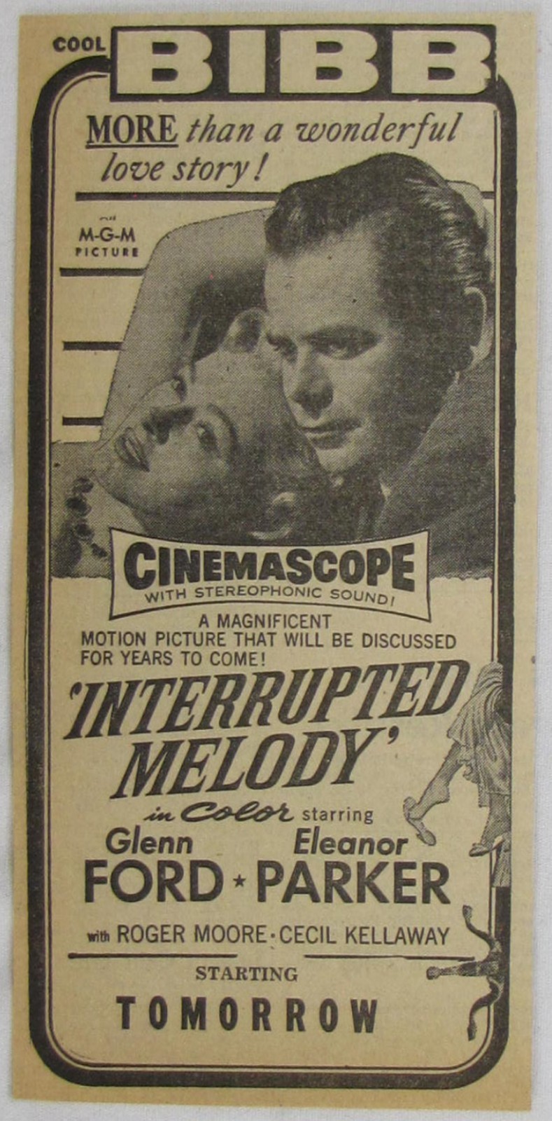Vintage 1955 INTERRUPTED MELODY Roger Moore Movie Newspaper Print Ad