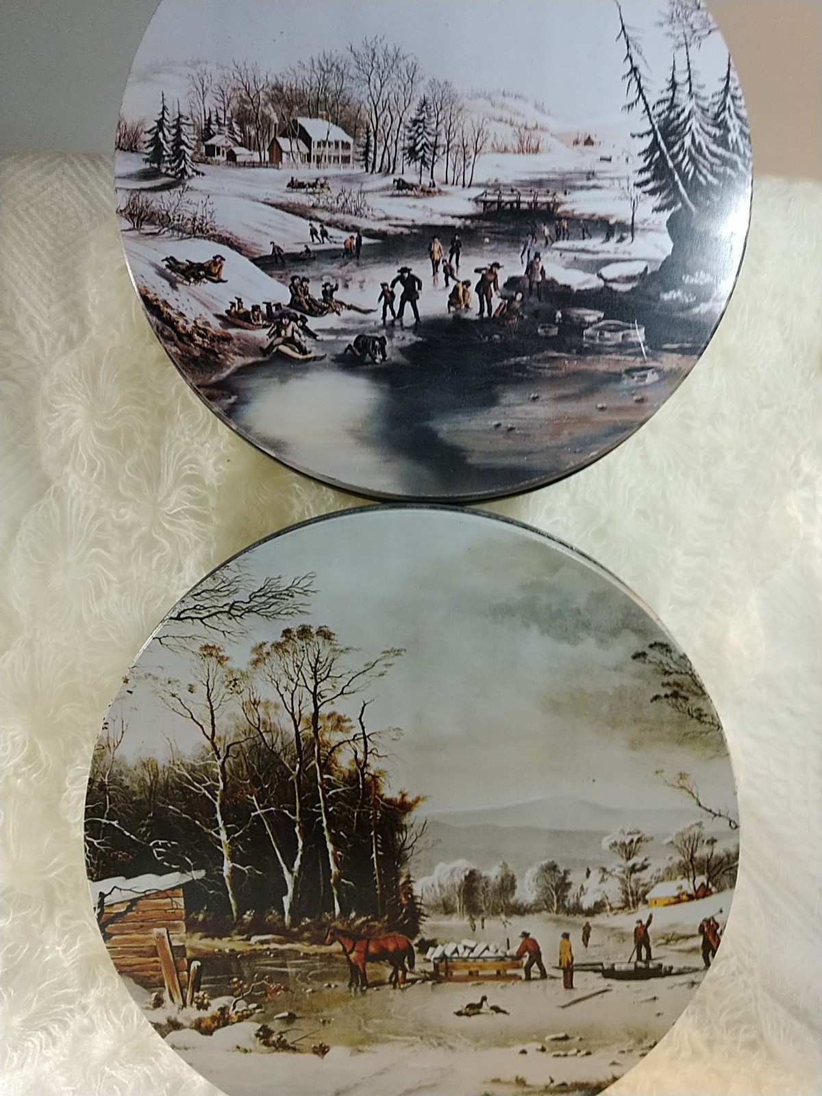 Vtg X2-Currier Ives 10″ CHICAGO Cookie Tins-WINTER GETTING ICE/MORNING-1960’S