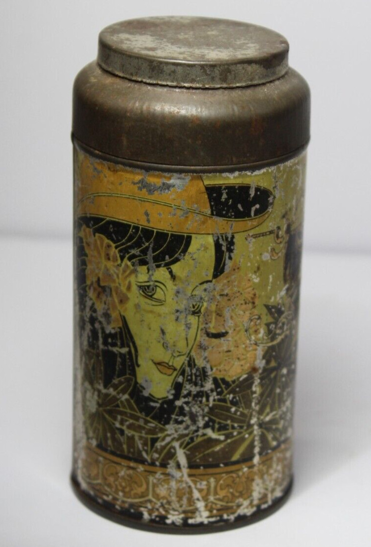 1920s Rare Old Vintage Woman Floral Flowers Tin Landscape Graphic Spice Tin