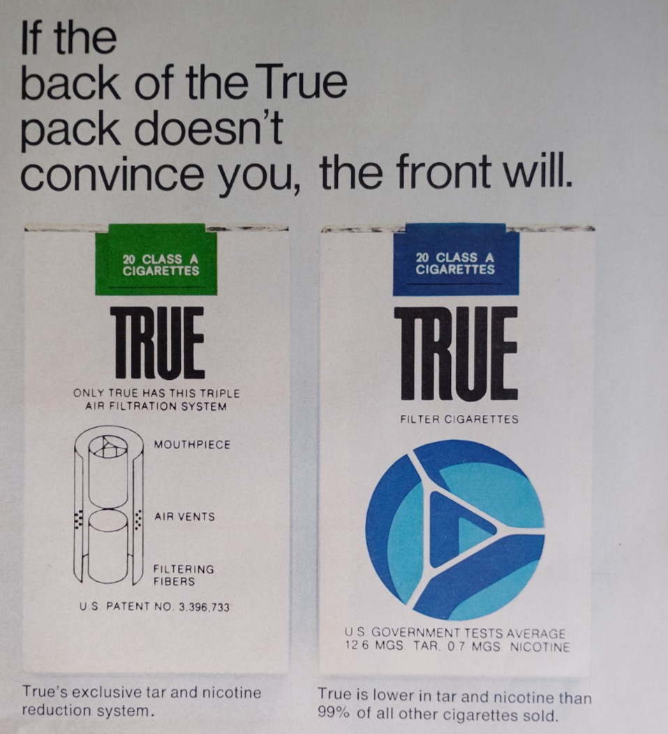 Vintage Retro 1971 Ad True Cigarettes Lower Tar & Nicotine Than 99% Of All Other