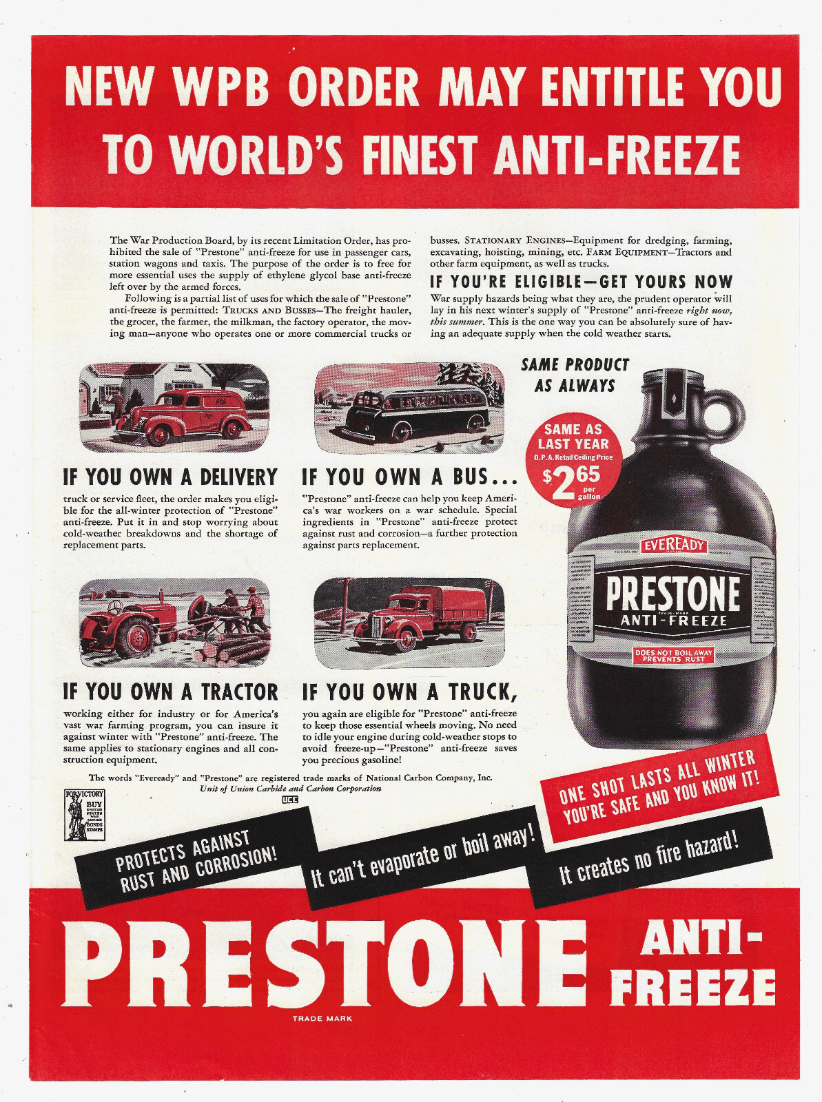 Eveready Prestone Anti Freeze Print Ad WWII Era National Carbon Company Inc 1943