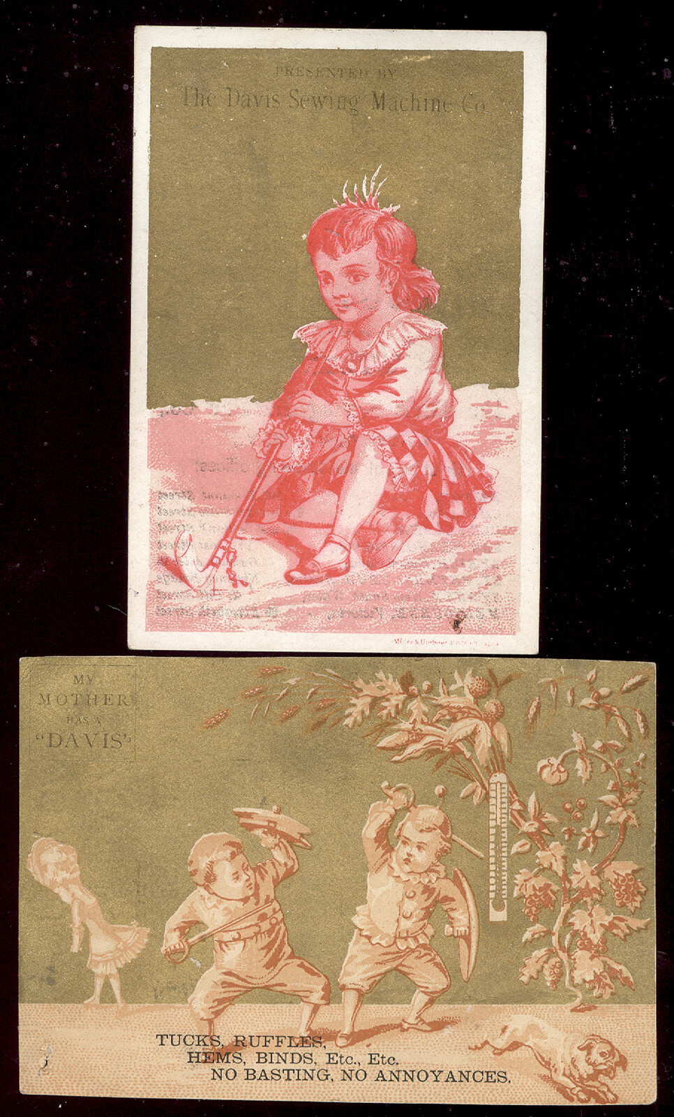 1880s ~ 2 DAVIS VERTICAL FEED SEWING MACHINE CO TRADE CARDS, HIGHEST AWARDS C445
